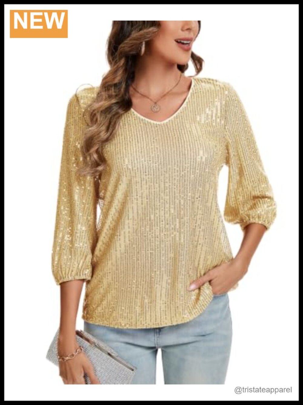 Women's Sequin Tops 3/4 Sleeve V-Neck Blouse Disco Party Sparkly Shirt
